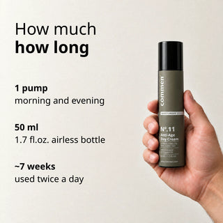 Commen Nº.11 Anti-Age Day Cream held in a man's hand: a 50 ml airless pump bottle, 1 pump twice a day, lasts ~7 weeks.