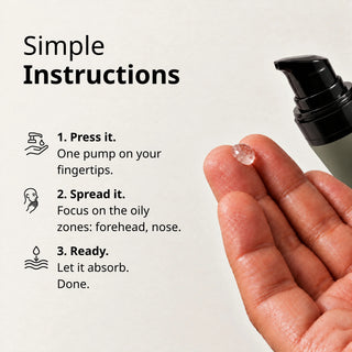 Commen Nº.12 Matte Zinc Gel, how to use: one pump on your fingertips, spread with a focus on the oily zones.