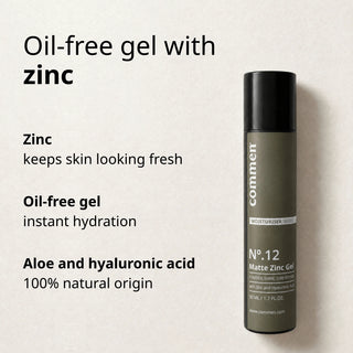 Commen Nº.12 Matte Zinc Gel lying on light paper, an oil-free gel with zinc and hyaluronic acid.