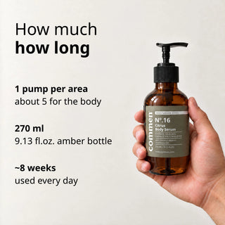 Commen Nº.16 Citrus Body Serum held in a man's hand: a 270 ml amber pump bottle, about 5 pumps a day, lasts ~8 weeks.