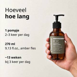 Commen Nº.17 Patchouli Hand Cream in een mannenhand: een pompfles van 270 ml, 1 pompje 2–3 keer per dag, ~13 weken.