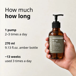 Commen Nº.18 Citrus Hand Cream held in a man's hand: a 270 ml amber pump bottle, 1 pump 2–3 times a day, lasts ~13 weeks.