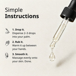 Commen Nº.21 Caffeine Gel Boost, how to use: 2–3 drops in your palm, warm between your hands, massage onto your skin.