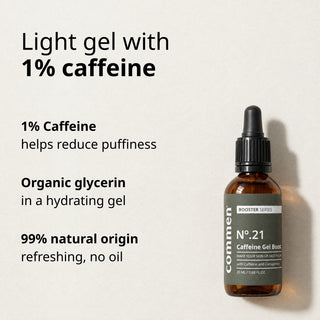 Commen Nº.21 Caffeine Gel Boost lying on light paper, with 1% caffeine and organic glycerin in a light gel.