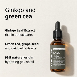 Commen Nº.22 Ginkgo Antioxidant Boost lying on light paper, with ginkgo leaf, green tea, grape seed and oak bark extracts.
