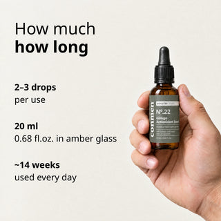 Commen Nº.22 Ginkgo Antioxidant Boost held in a man's hand: a 20 ml amber dropper bottle, 2–3 drops per use, lasts ~14 weeks.