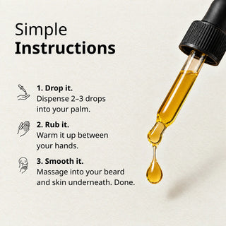 Zo gebruik je Commen Nº.32 Smooth Beard Oil: 2–3 druppels in je hand, opwarmen, in baard en huid masseren.