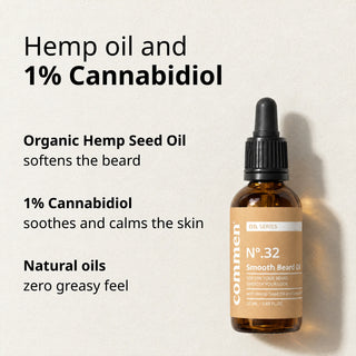 Commen Nº.32 Smooth Beard Oil op licht papier, met de kerningrediënten: biologische hennepolie en 1% cannabidiol.