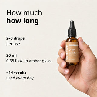 Commen Nº.32 Smooth Beard Oil in een mannenhand: een amberkleurige pipetfles van 20 ml, 2–3 druppels per keer, ~14 weken.
