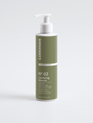 Commen Nº.02 Clarifying Mousse, 190 ml pump bottle, step one of The Morning Routine set, on a grey studio background
