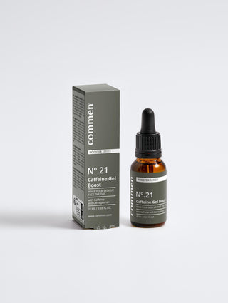 Commen Nº.21 Caffeine Gel Boost, 20 ml amber dropper bottle beside its carton, step two of The Morning Routine set, on a grey studio background