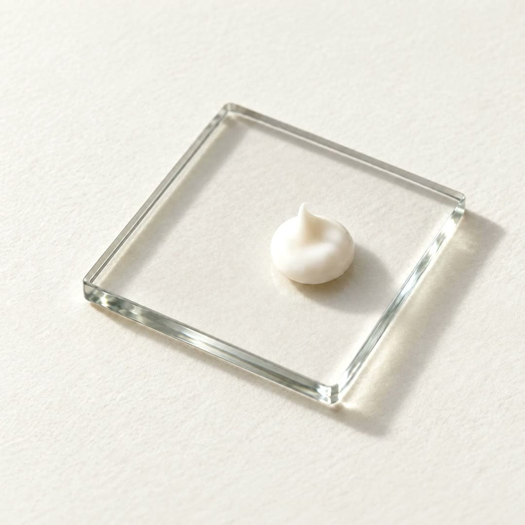 Commen Nº.11 Anti-Age Day Cream: a pea-size dot pressed between two glass plates into a smooth, even layer.